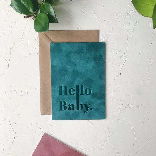 Velours ansichtkaart 'Hello Baby' petrol